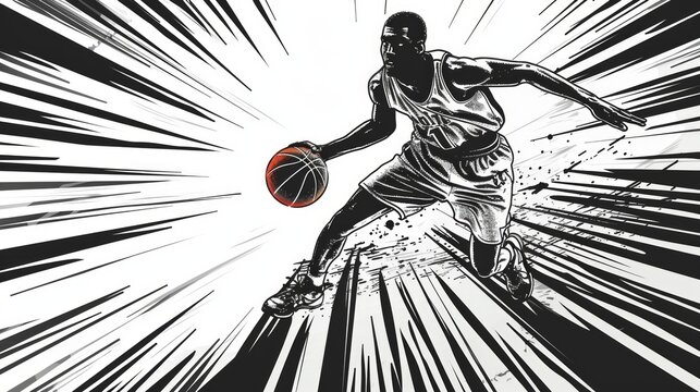 pop art comic style basketball player white background thick lines, low detail 