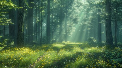 Obraz premium Light Filtering Through Trees Illuminating a Lush Green Forest Floor at Dawn. Generative AI