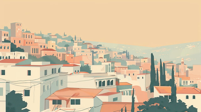 Risograph vintage riso print travel poster, card, wallpaper or banner illustration, modern, isolated, clear, simple of Tulkarm, Palestine