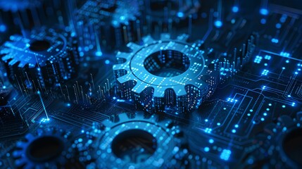 Fototapeta premium Interlocking gears with blue hues representing the concept of C++ programming language, symbolizing the intricate and precise nature of coding and software development.