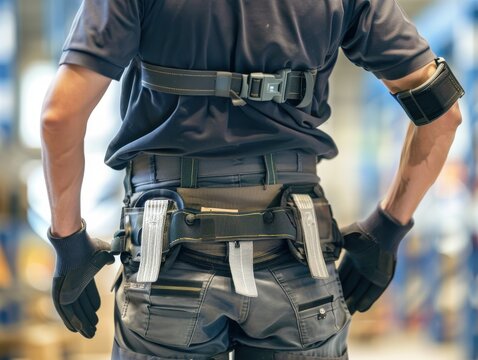 A detailed image of a worker using proper lifting techniques, wearing a back brace and gloves, highlighting ergonomics and safety