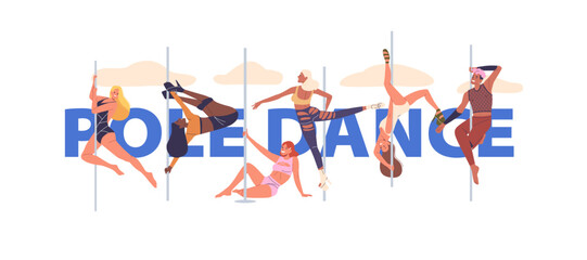 Diverse Group Of People Performing Various Pole Dance Moves. Poster, Banner Or Flyer Showcases Different Body Types