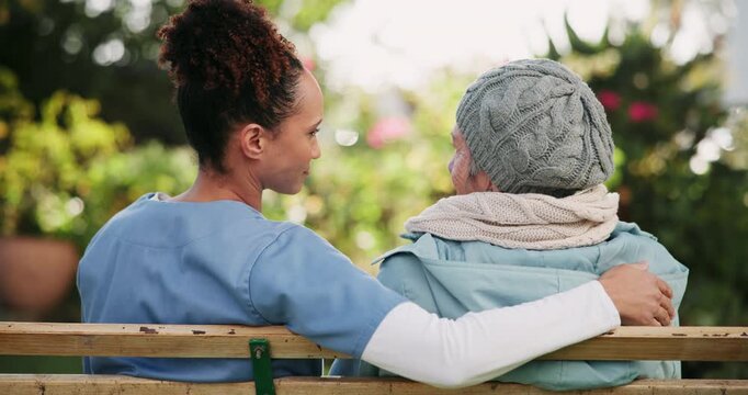 Back, bench and senior woman with nurse outdoor in retirement community with daily assistance and support. Elderly person, caregiver and relax with conversation and wellness by residential care home.