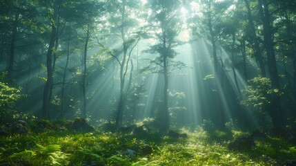 Obraz premium Sunlight Streaming Through Tall Trees in Lush Green Forest During Early Morning. Generative AI