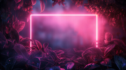 A neon sign is lit up in a forest