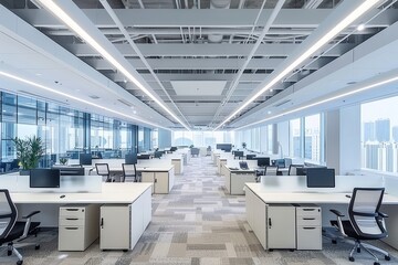 Obraz premium Bright open plan office with modern furniture ample natural light and a clean design.