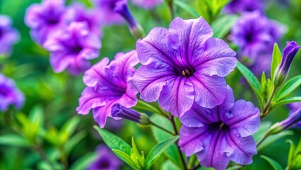 Fototapeta premium Vibrant purple Mexican petunia blooms intensely against a lush green leafy background, showcasing delicate trumpet-shaped flowers with intricate veins and soft, gentle texture.