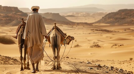 Berber Man Leading Camel Caravan Through Desert