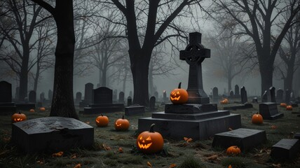 An old cemetery, in a gray fog among rickety tombstones, a symbol of Halloween: a Jack-lantern with a lit candle inside