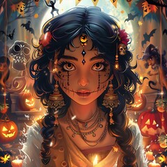 Creative Halloween wish card with an Indian female in a ghost cosplay outfit with writing space on the right surrounded by magical creatures and festive decorations