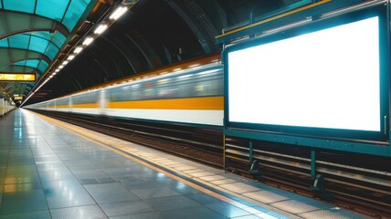 Obraz premium A modern train station platform featuring a blank advertising board and a passing train, showcasing urban transportation.