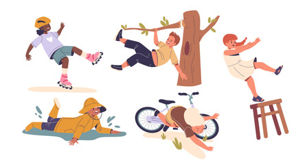 Children Falling During Different Playtime Activities Such As Rollerblading, Climbing Trees, And Riding Bikes
