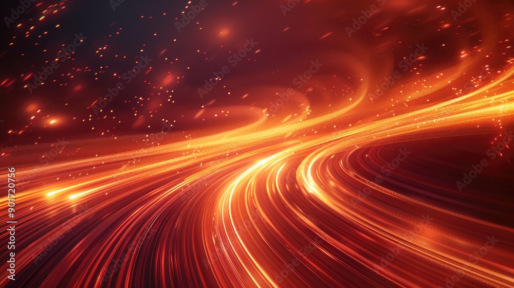 Poster bright red background, golden lines, abstract lines at the speed of light, light effect background. 