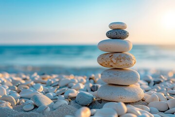 Zen stone stack on the beach at sunset.