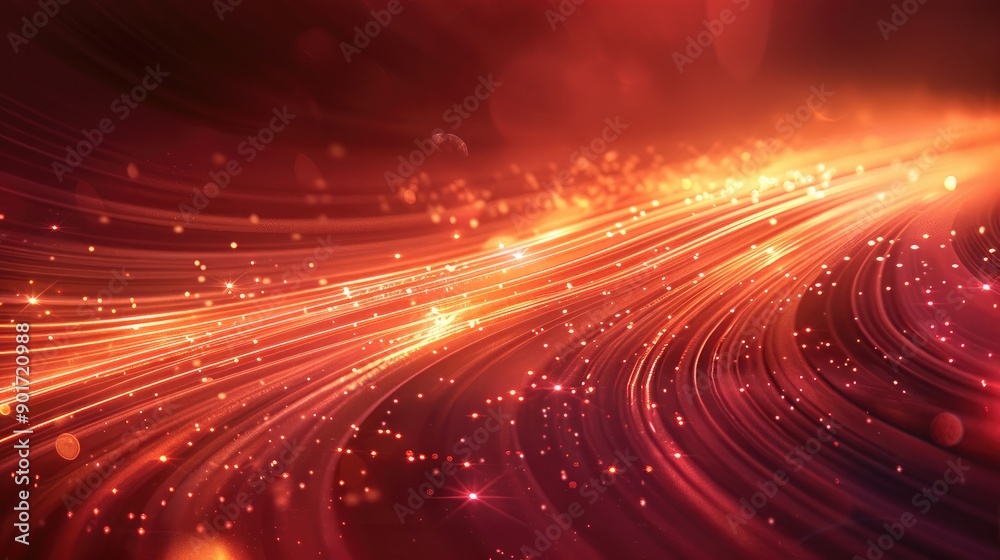 Poster bright red background, golden lines, abstract lines at the speed of light, light effect background. 