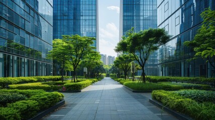 Fototapeta premium A serene pathway lined with lush greenery between modern glass buildings under a clear blue sky.