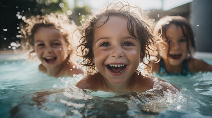 Joyful Kids Playing in the Pool, Laughing and Splashing on a Sunny Day