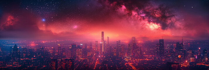 A city skyline is lit up in the night sky with a purple hue