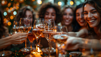 New Year's Eve celebration, with fireworks lighting up the night sky, champagne toasts, and joyful revelers counting down to midnight