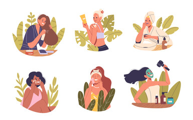 Fototapeta premium Young Women Participating In Different Self-care And Beauty Routines, Including Hair Care, Facial Treatments, Skin Care