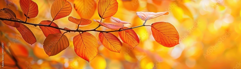 Wall mural close-up of vibrant autumn leaves on branch with warm golden background