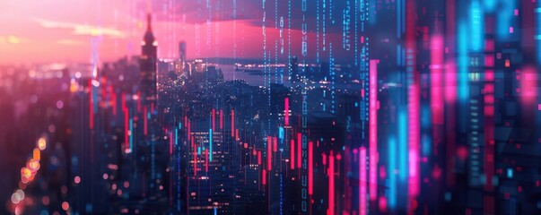 Fototapeta premium A vibrant city skyline illuminated by digital data streams, capturing the intersection of technology and urban life.
