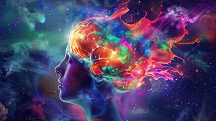 Obraz premium A vibrant illustration of a woman's head with colorful, cosmic elements representing creativity and imagination.