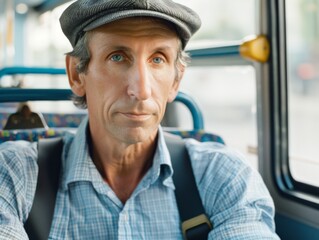 Medium shot of Bus driver man, themed background, bright tonality, in the style of fashion photography.