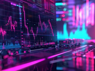 Obraz premium Abstract data visualization with colorful graphs and charts, showcasing digital financial trends against a futuristic background.
