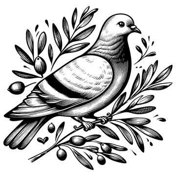  dove perched on an olive branch, symbolizing peace and harmony sketch engraving generative ai fictional character PNG illustration. Scratch board imitation. Black and white image.