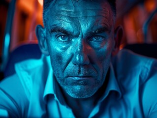 Medium shot of Bus driver man, themed background, bright tonality, in the style of fashion photography.