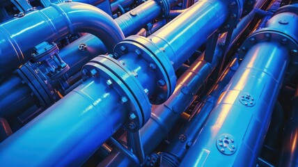 Close-up of industrial pipes with vibrant blue colors and intricate details, showcasing modern engineering and design.