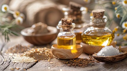 Natural essential oils and ingredients in a rustic setting