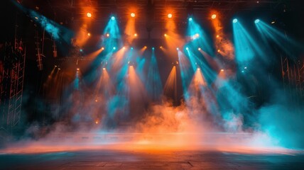 Dynamic stage lighting creates a vibrant atmosphere filled with colorful beams and fog, perfect for entertainment visuals.