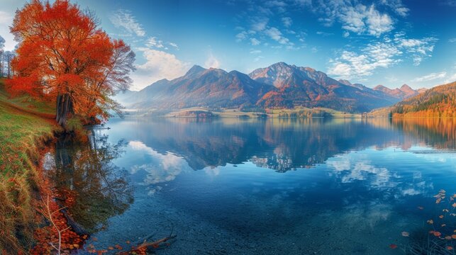 Panoramic morning view of Urisee lake. Astonishing autumn scene Austrian Alps. Calm outdoor scene of Austria, Europe. Beauty of nature concept background. 