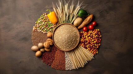 A circular chart displays the different types of grains, fruits and vegetables arranged in separate sections with wheat at its center, surrounded by various smaller textures like whole grain breads,