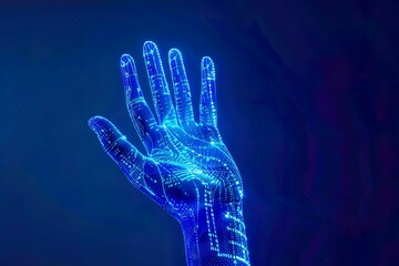 Naklejka premium A hand composed of digital elements and glowing circuits, symbolizing technological advancement and the integration of human and digital interfaces