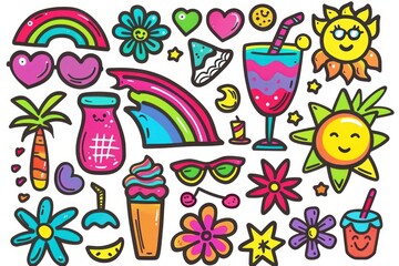 Fototapeta premium Cute neon doodle stickers, hearts, rainbows, flowers, sunglasses, beach and sun, smoothies, ice cream, vivid colors