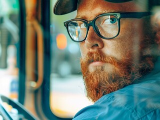 Medium shot of Bus driver man, themed background, bright tonality, in the style of fashion photography.