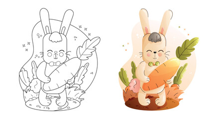 Playful Cartoon Bunny Coloring Page Black and White and Colored Versions. Childrens animals set. 