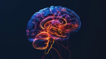 Illustration of a vibrant brain with glowing neural connections, representing intelligence, cognition, and creativity.
