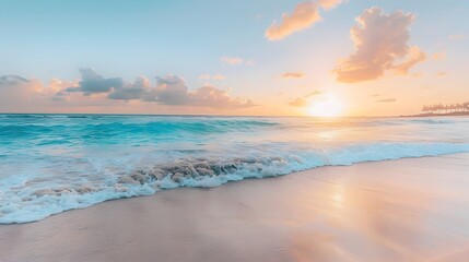 Fototapeta premium Peaceful Sunset on Serene Tropical Beach with Gentle Ocean Waves Lapping at the Shore