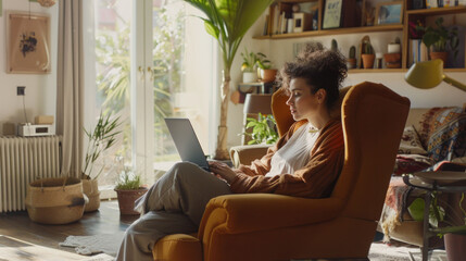 Obraz premium A woman relaxing and working on her laptop in a cozy living room with natural light and indoor plants, creating a peaceful atmosphere.