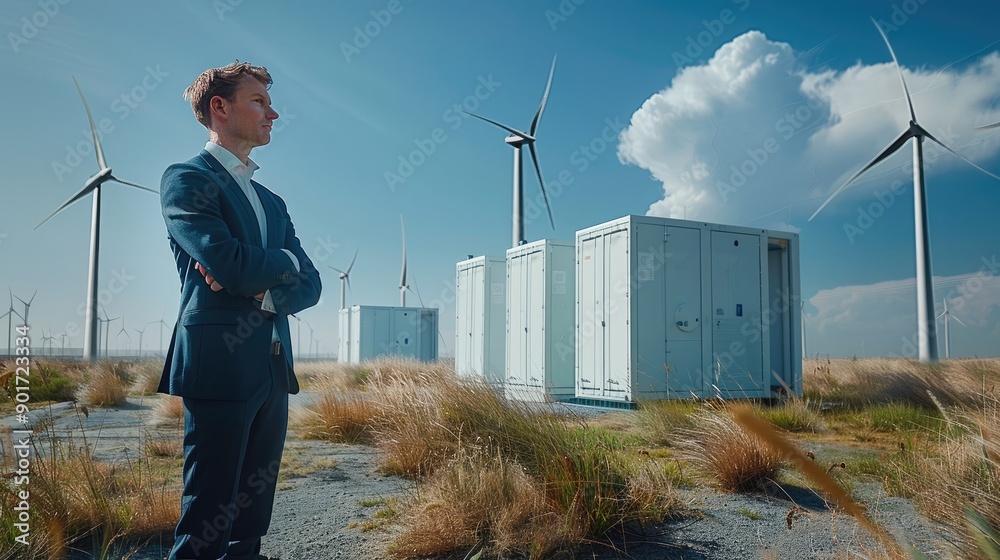 Poster a man in suit standing next to energy storage system with office building. wind turbines visible in 