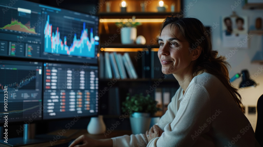 Poster woman focused on analyzing stock market data on multiple screens in a dimly lit office setting.