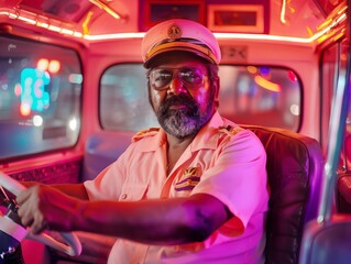 Medium shot of Bus driver man, themed background, bright tonality, in the style of fashion photography.