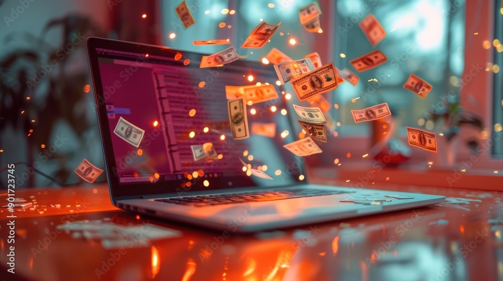 Poster laptop on a desk, from which exploding money, peach colors, bright colors, blur room elements in the