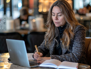 Obraz premium A focused woman writing notes while working on a laptop in a cozy cafe.