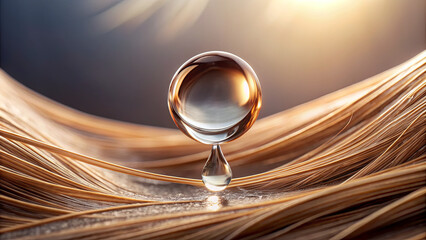 Obraz premium A water droplet rests delicately on shiny hair strands, reflecting soft light and showcasing their texture and beauty