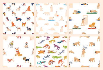 Adorable Seamless Pattern Set Featuring A Variety Of Animals Including Dogs, Polar Bears, And Reptiles. Playful Designs